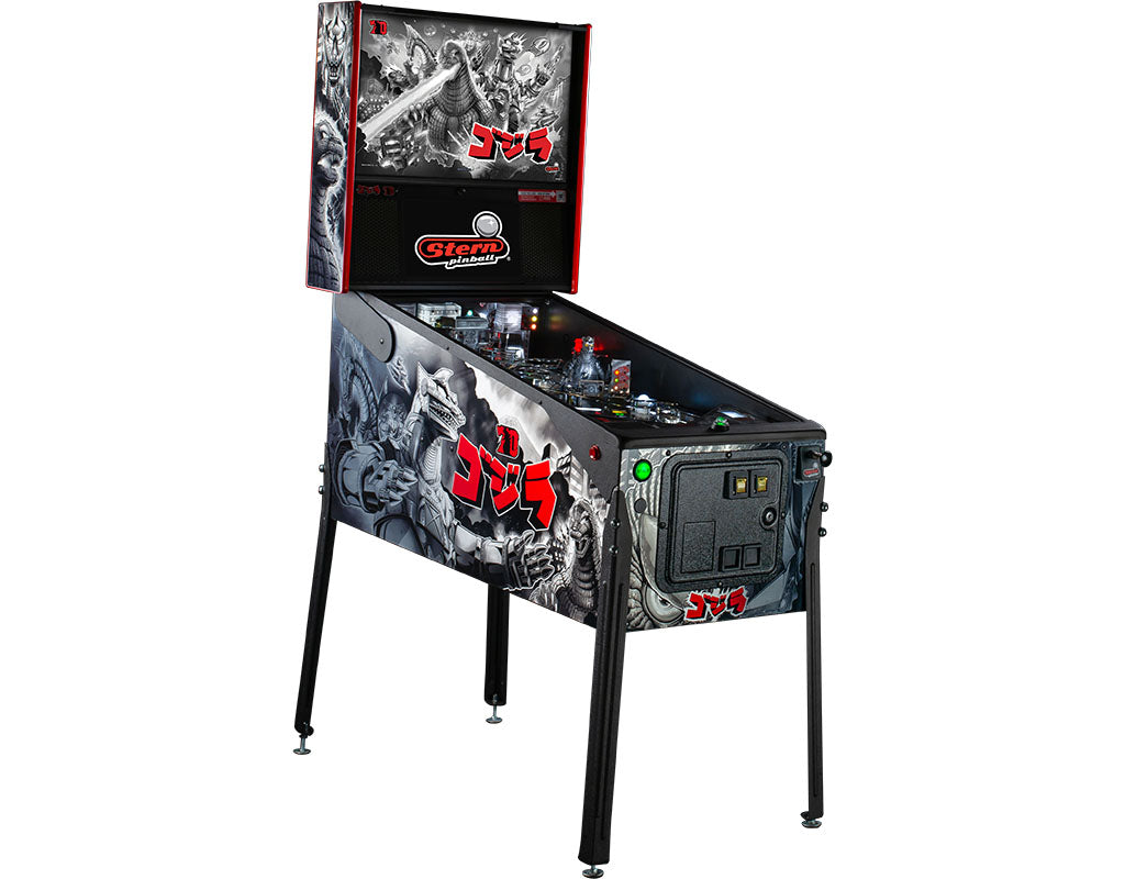Pinball machine with a dark, Godzilla graphic design on a white background