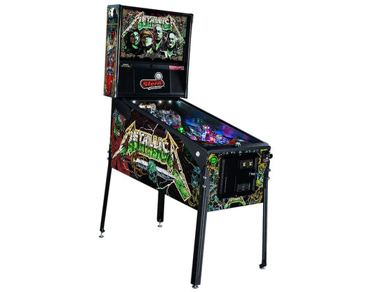 Metallica pinball machine with colourful design on a white background