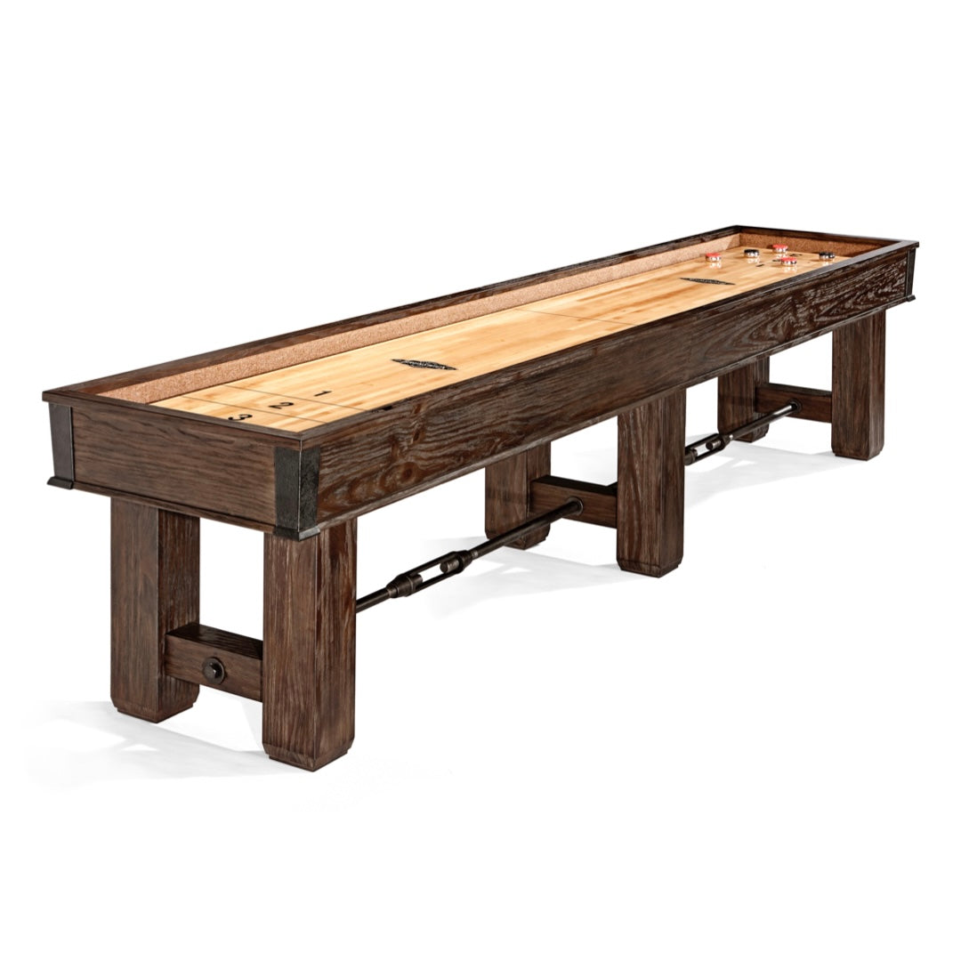 Wooden shuffleboard table on a white background