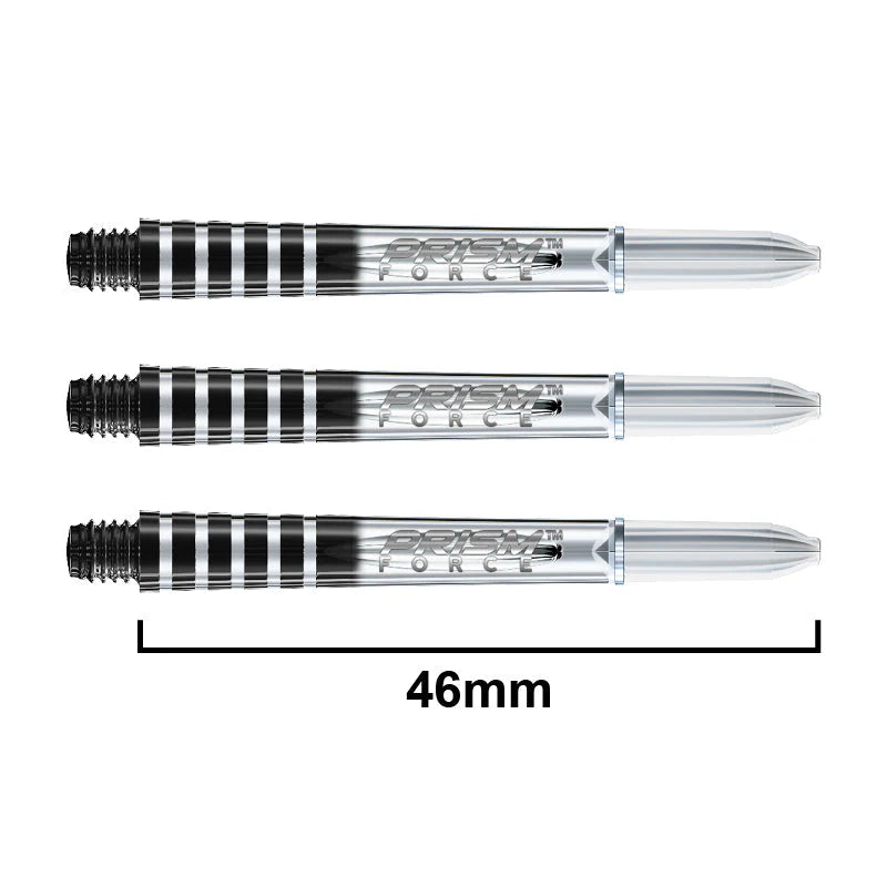 Three darts with black and silver design on a white background, labeled '46mm'.