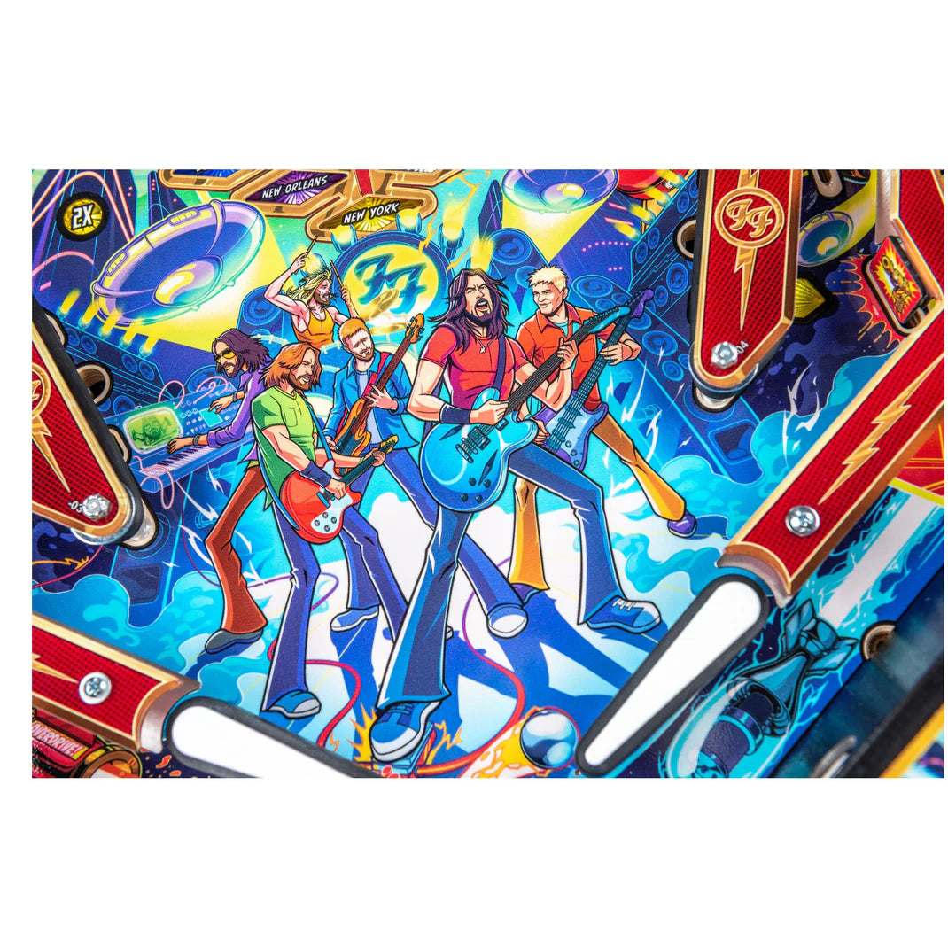 Colorful pinball machine with band illustration and Foo Fighters logo