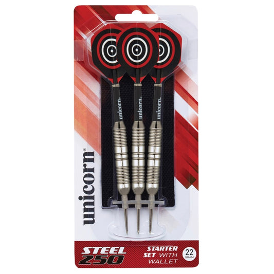 A set of Unicorn steel tip darts with a black and silver color scheme, including a set of flights and a wallet, packaged in a red and white cardboard backing.