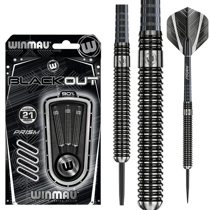 Winmau Blackout darts with packaging on a white background