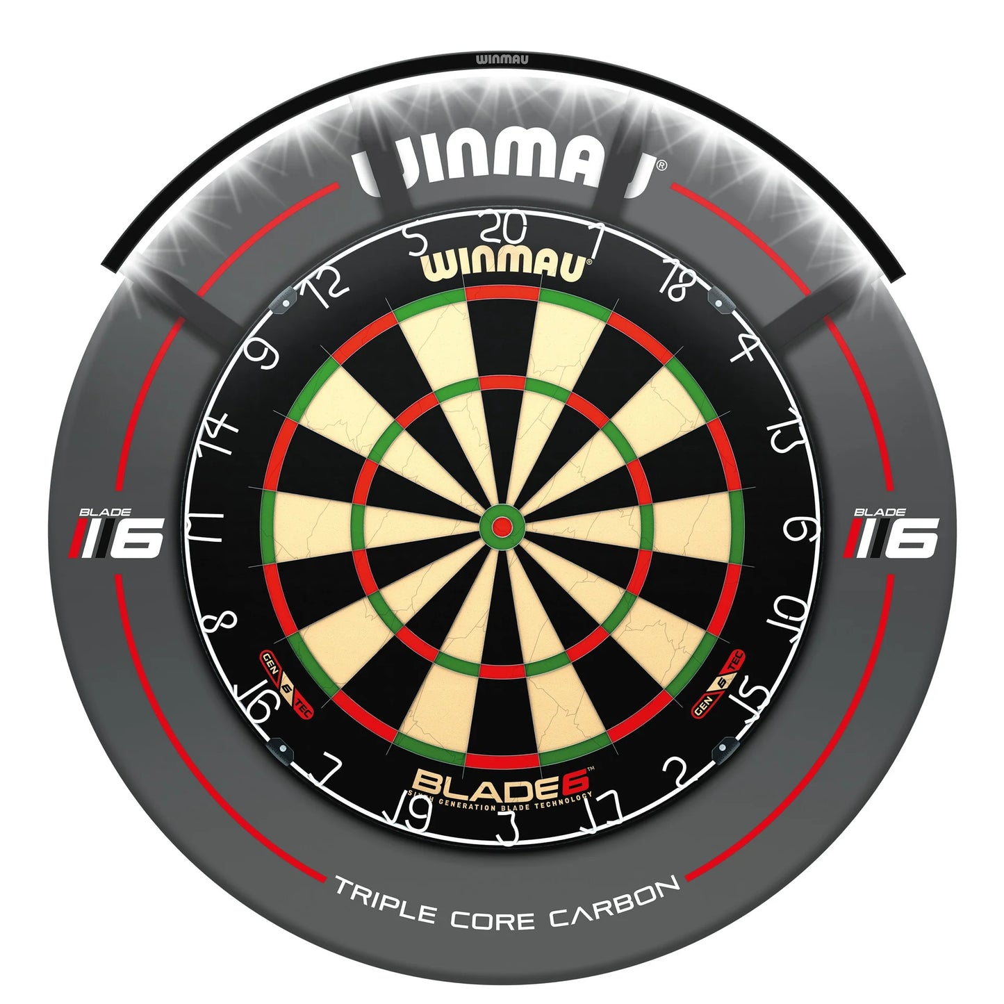 Winmau dartboard with 'Triple Core Carbon' feature on a white background with light.