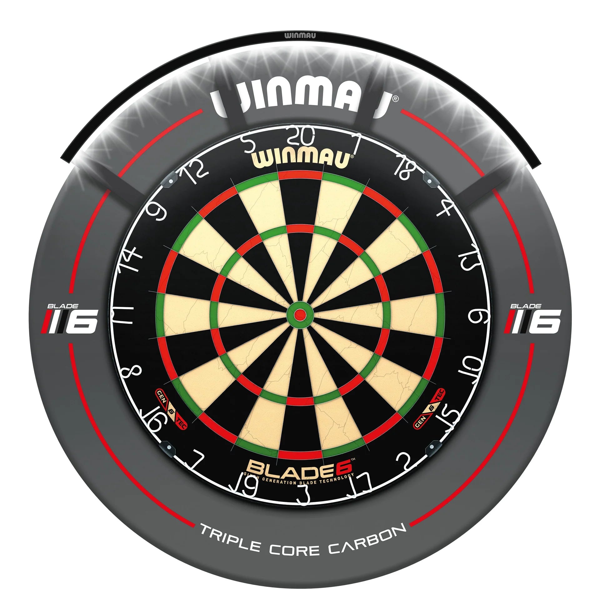 Winmau dartboard with 'Triple Core Carbon' feature on a white background with light.