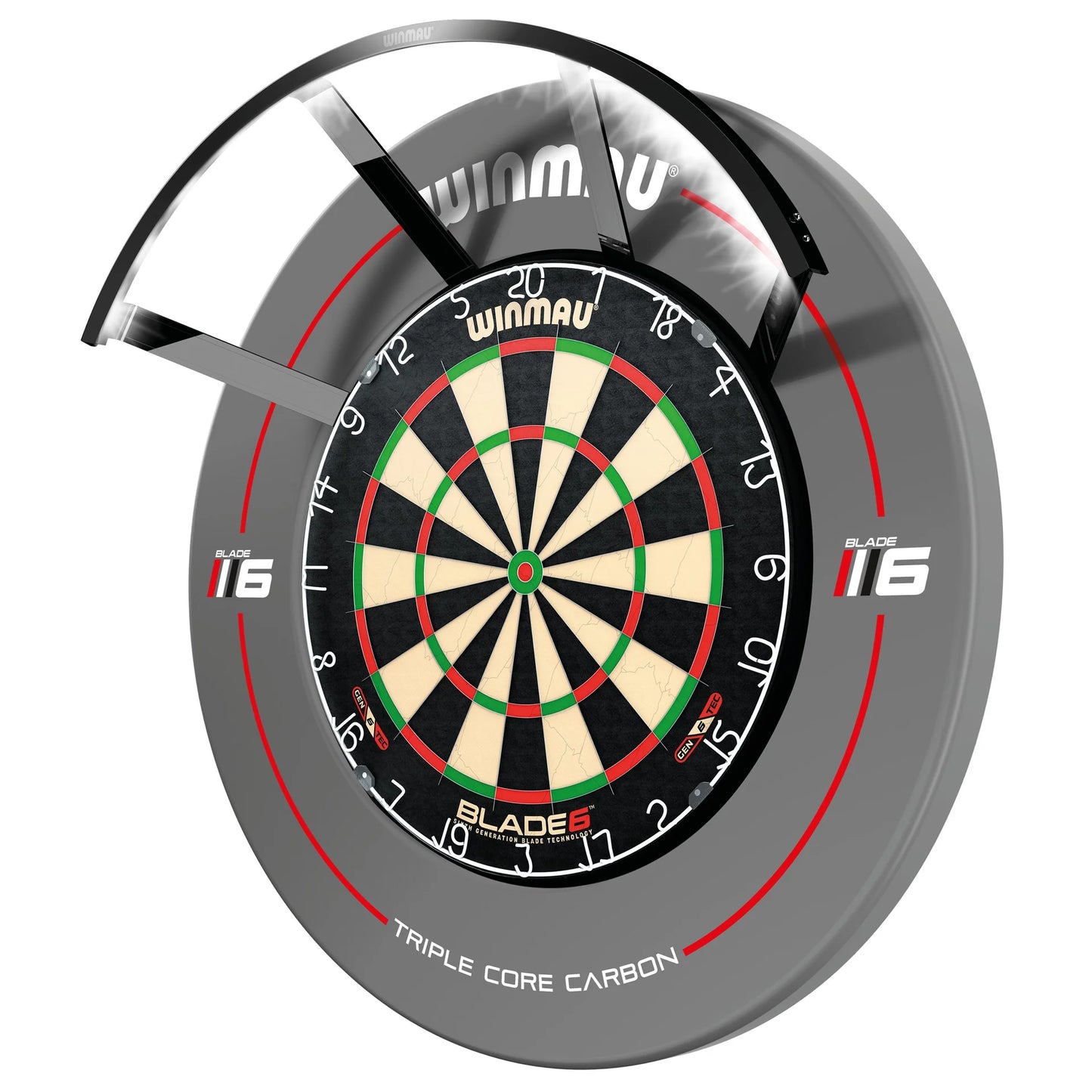 Winmau dartboard with a gray rim and red accents on a white background
