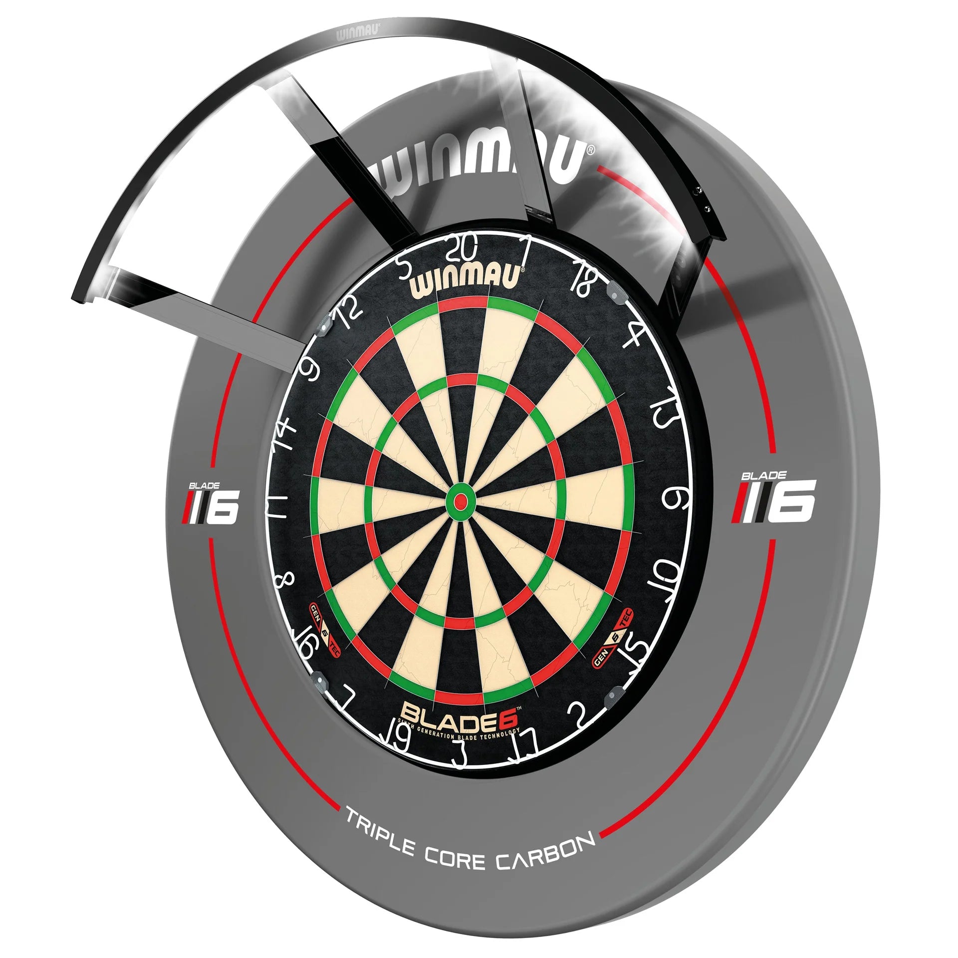 Winmau dartboard with a gray rim and red accents on a white background
