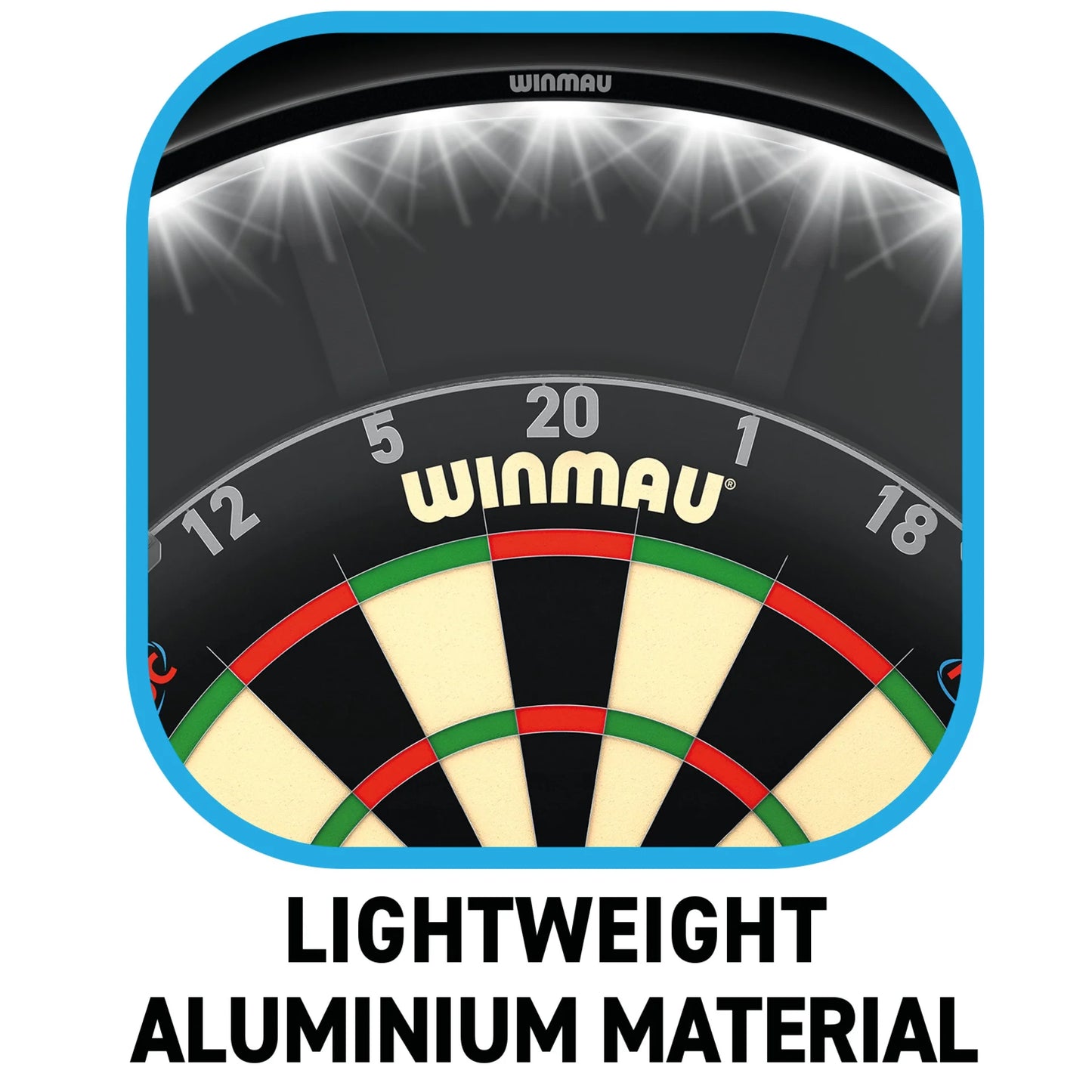 Winmau dartboard with spotlight effect and text 'Lightweight Aluminium Material'.