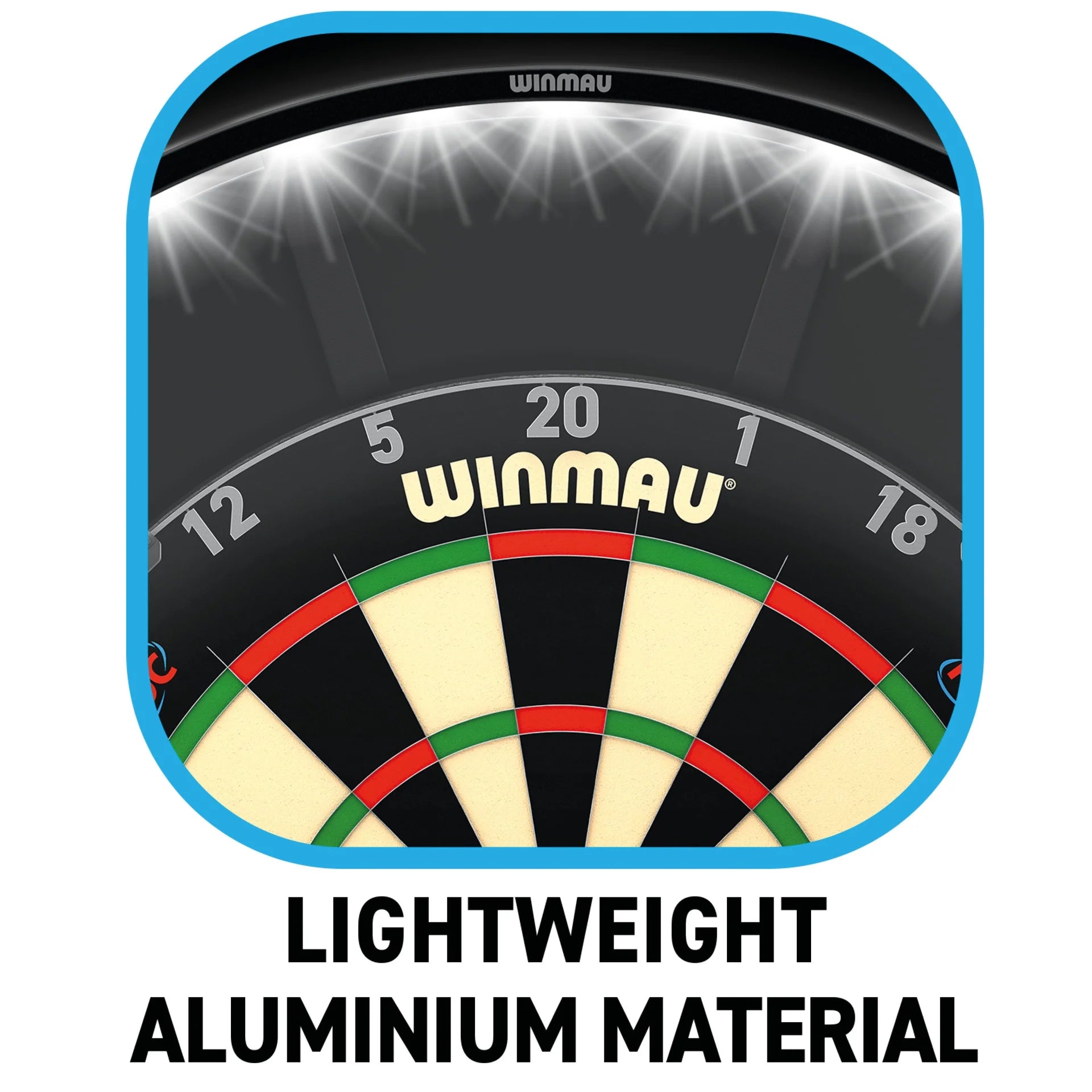 Winmau dartboard with spotlight effect and text 'Lightweight Aluminium Material'.