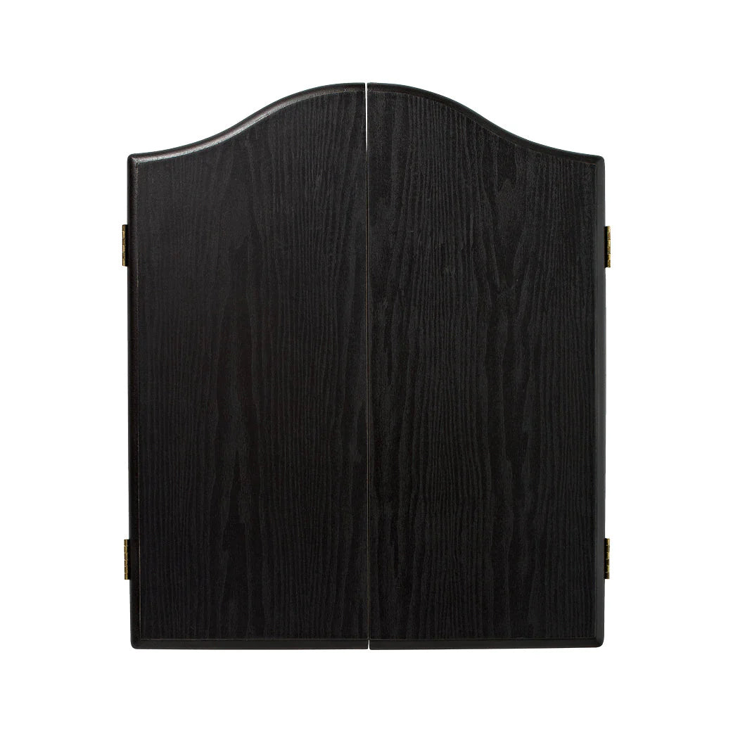 Black wooden dartboard cabinet on a white background