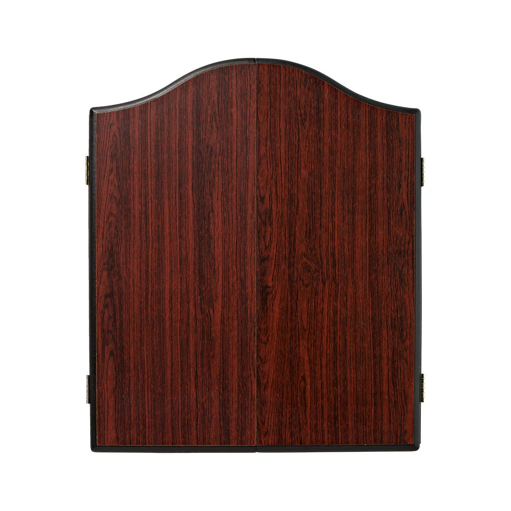 Wooden dartboard cabinet with a dark brown finish on a white background
