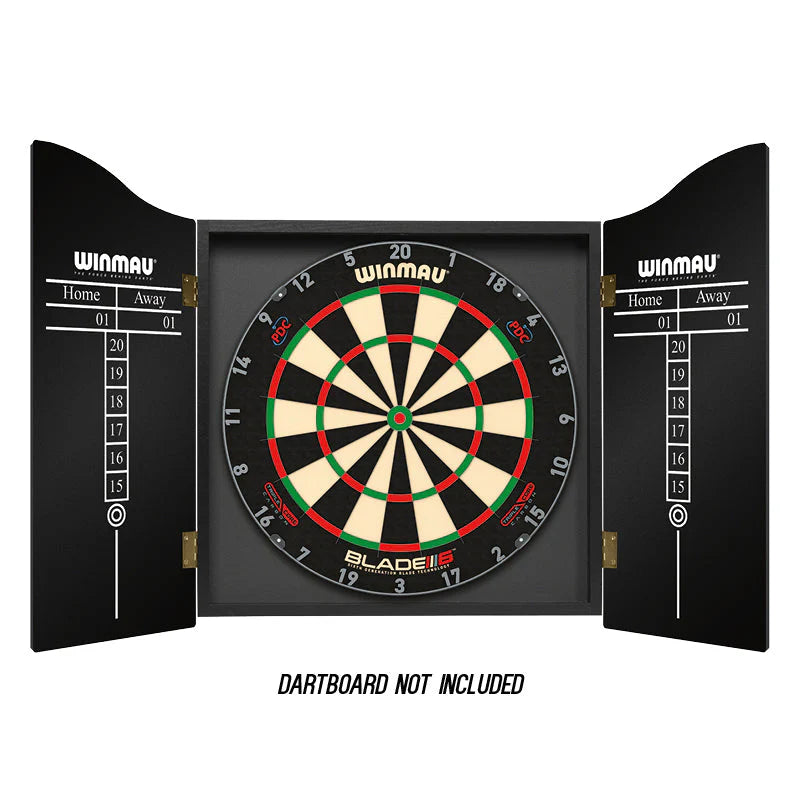 Dartboard cabinet with Winmau branding on a white background