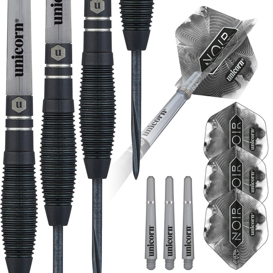 A set of Unicorn Noir style darts with black titanium nitride coating and 90% tungsten barrels, including flights and points.