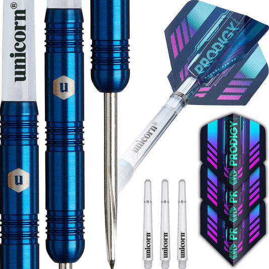 A set of Unicorn Prodigy S1 darts with navy blue titanium coating, including three darts with blue barrels, clear grips, and black and pink flights, along with three black and purple shafts.