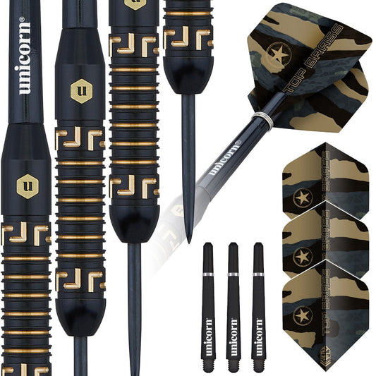 A set of Unicorn TOP BRASS S1 darts with black coating and gold detailing, including the Unicorn logo, alongside camouflage flights with stars.